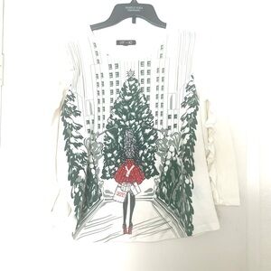 Vintage Love + Lore Christmas in Paris Pullover Top Black White Green